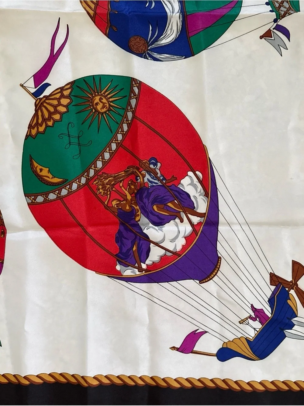 Silk-Feel White & Multicolor Hot Air Balloon Print Scarf